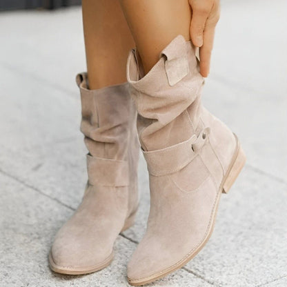 Daisy | Slouchy Suede Mid-Calf Boots with Block Heel and Strap Detail