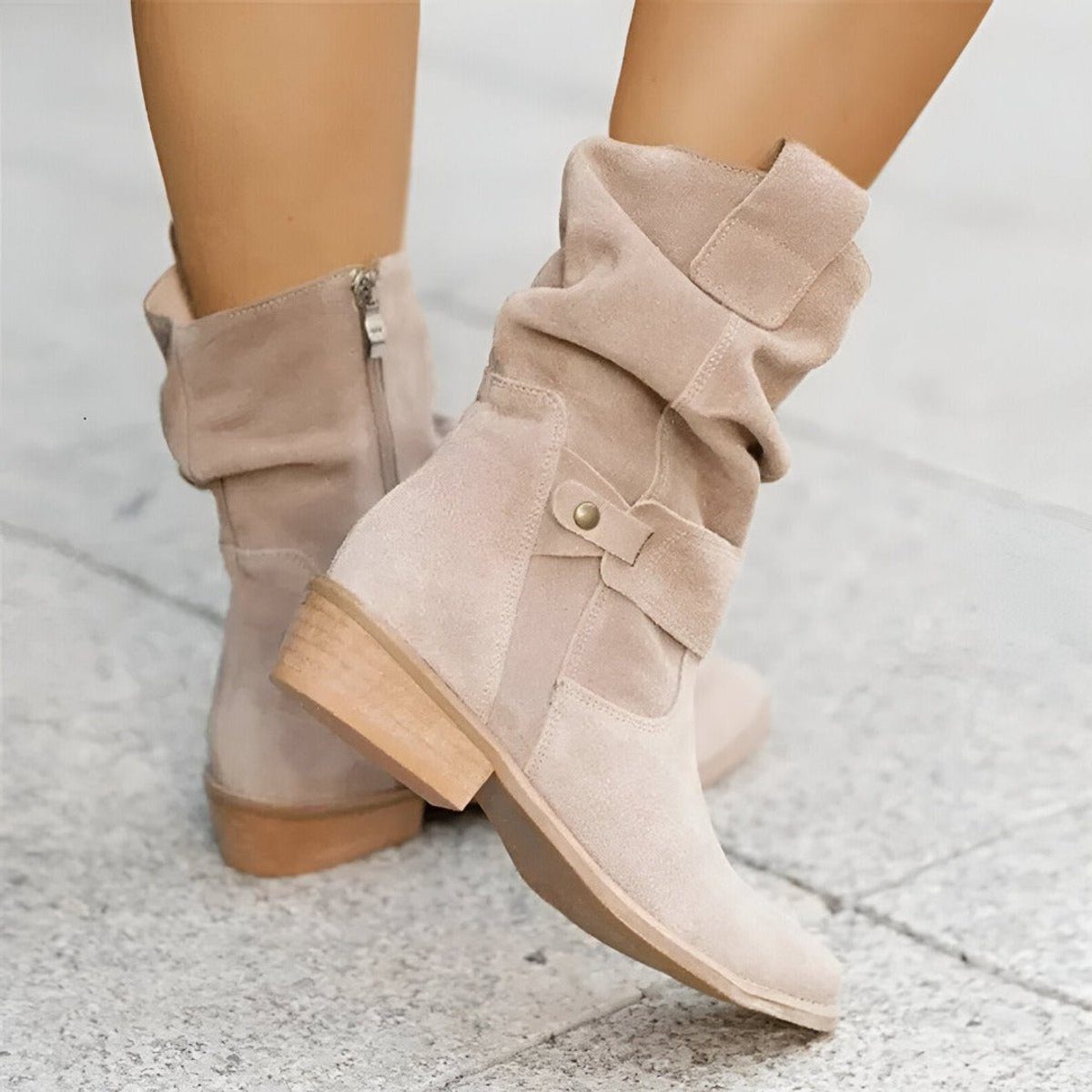 Daisy | Slouchy Suede Mid-Calf Boots with Block Heel and Strap Detail