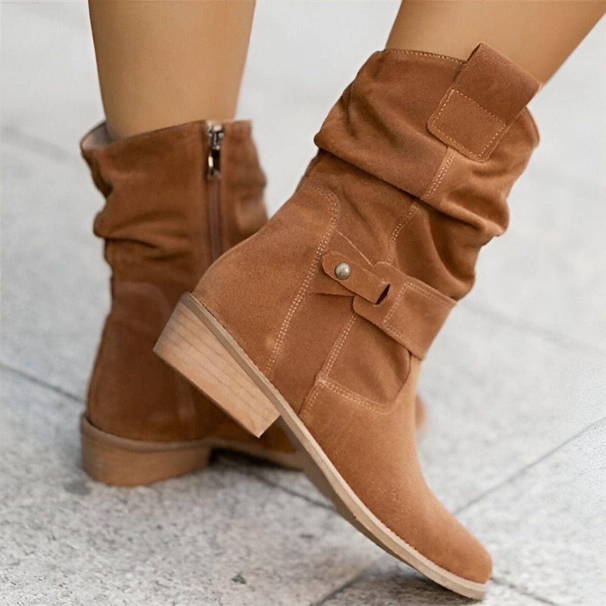 Daisy | Slouchy Suede Mid-Calf Boots with Block Heel and Strap Detail