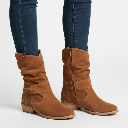 Jorun | Slouch Faux Suede Ankle Boots with Strap and Low Block Heel