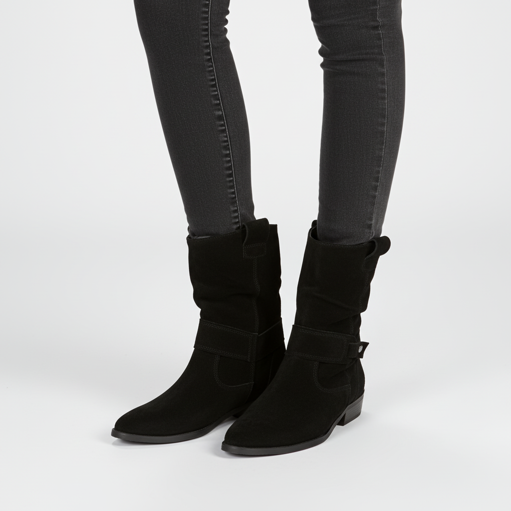 Jorun | Slouch Faux Suede Ankle Boots with Strap and Low Block Heel