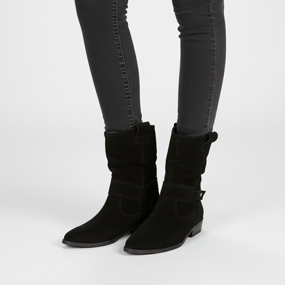 Jorun | Slouch Faux Suede Ankle Boots with Strap and Low Block Heel