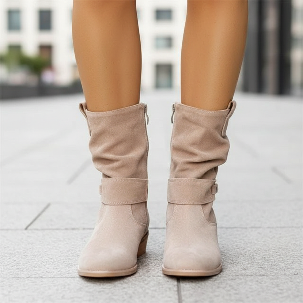 Jorun | Slouch Faux Suede Ankle Boots with Strap and Low Block Heel