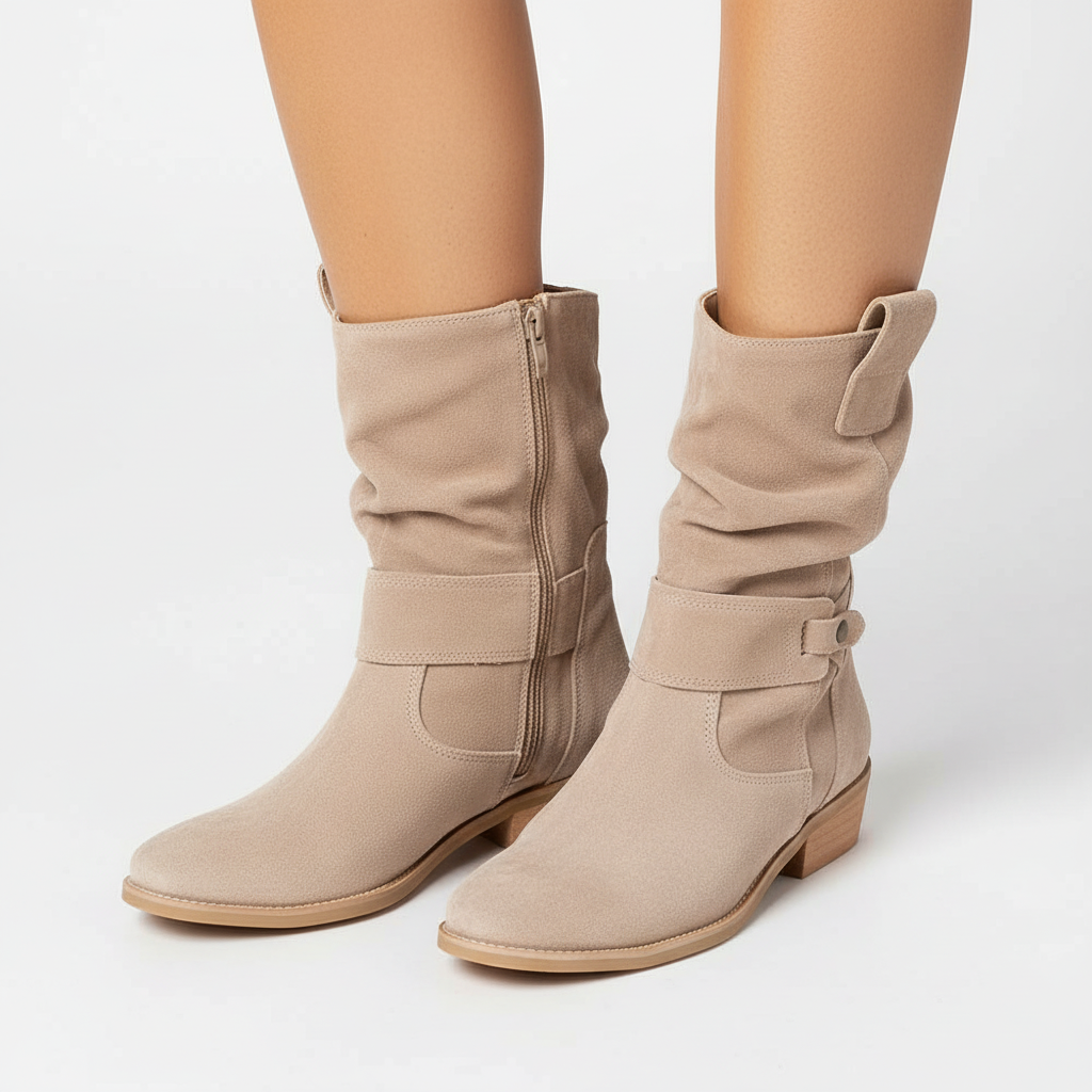 Jorun | Slouch Faux Suede Ankle Boots with Strap and Low Block Heel