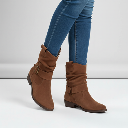 Jorun | Slouch Faux Suede Ankle Boots with Strap and Low Block Heel