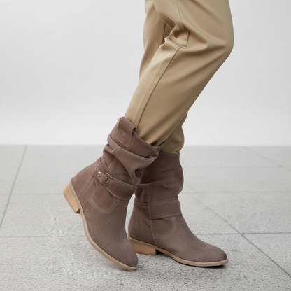 Jorun | Slouch Faux Suede Ankle Boots with Strap and Low Block Heel