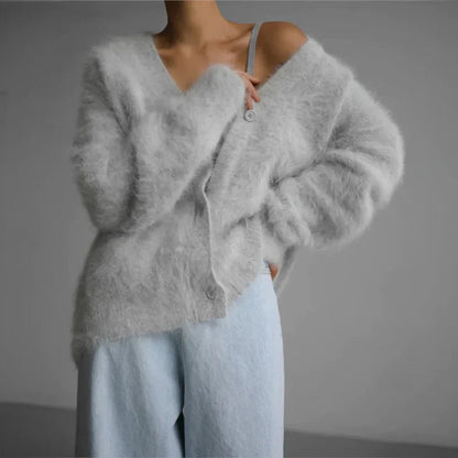 Janey | Fluffy Deep V-Neck Relaxed Button Cardigan