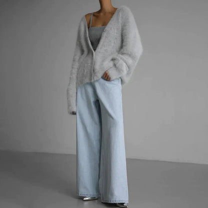 Janey | Fluffy Deep V-Neck Relaxed Button Cardigan