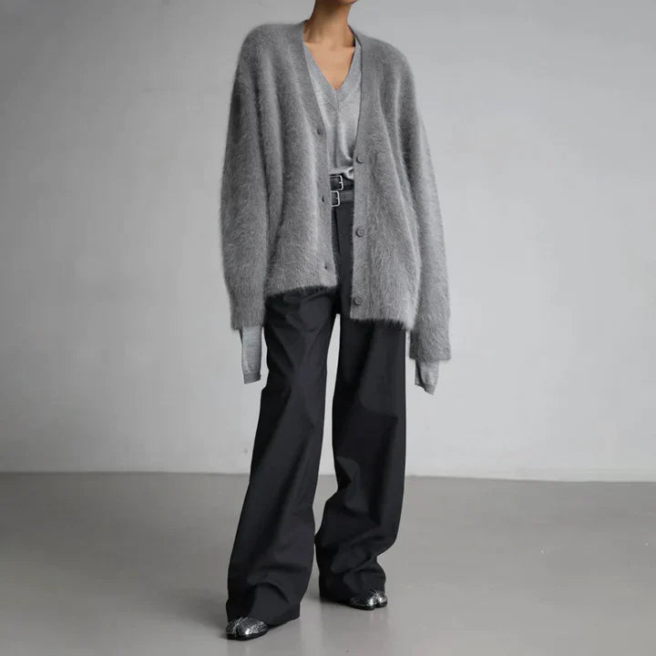 Janey | Fluffy Deep V-Neck Relaxed Button Cardigan