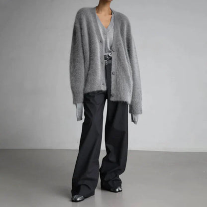 Janey | Fluffy Deep V-Neck Relaxed Button Cardigan
