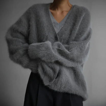 Janey | Fluffy Deep V-Neck Relaxed Button Cardigan