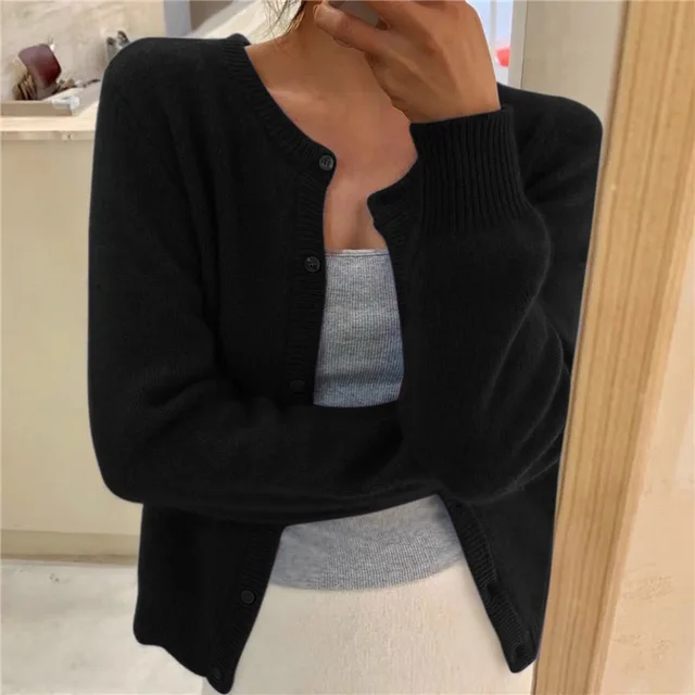 Anneka | Fluffy Knit Button Front Cardigan with Round Neck