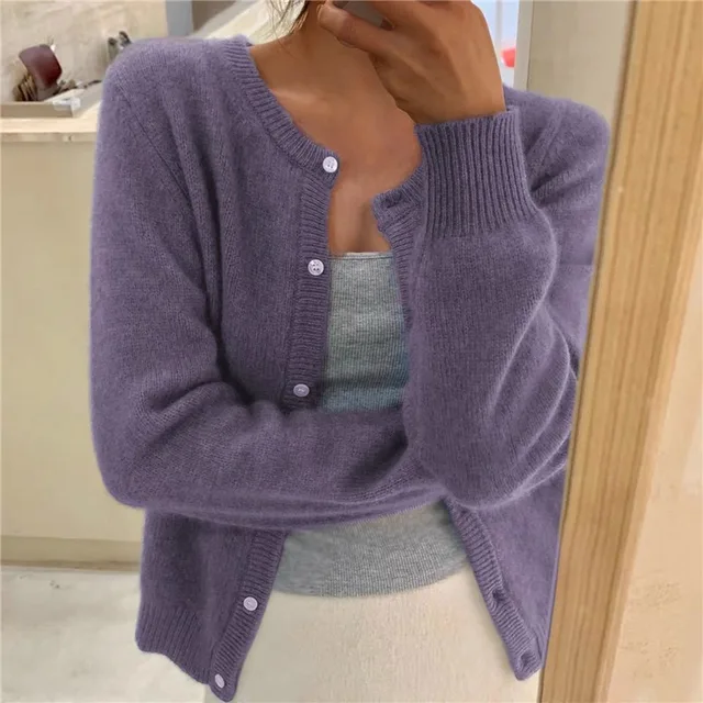 Anneka | Fluffy Knit Button Front Cardigan with Round Neck