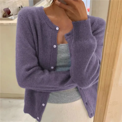 Anneka | Fluffy Knit Button Front Cardigan with Round Neck