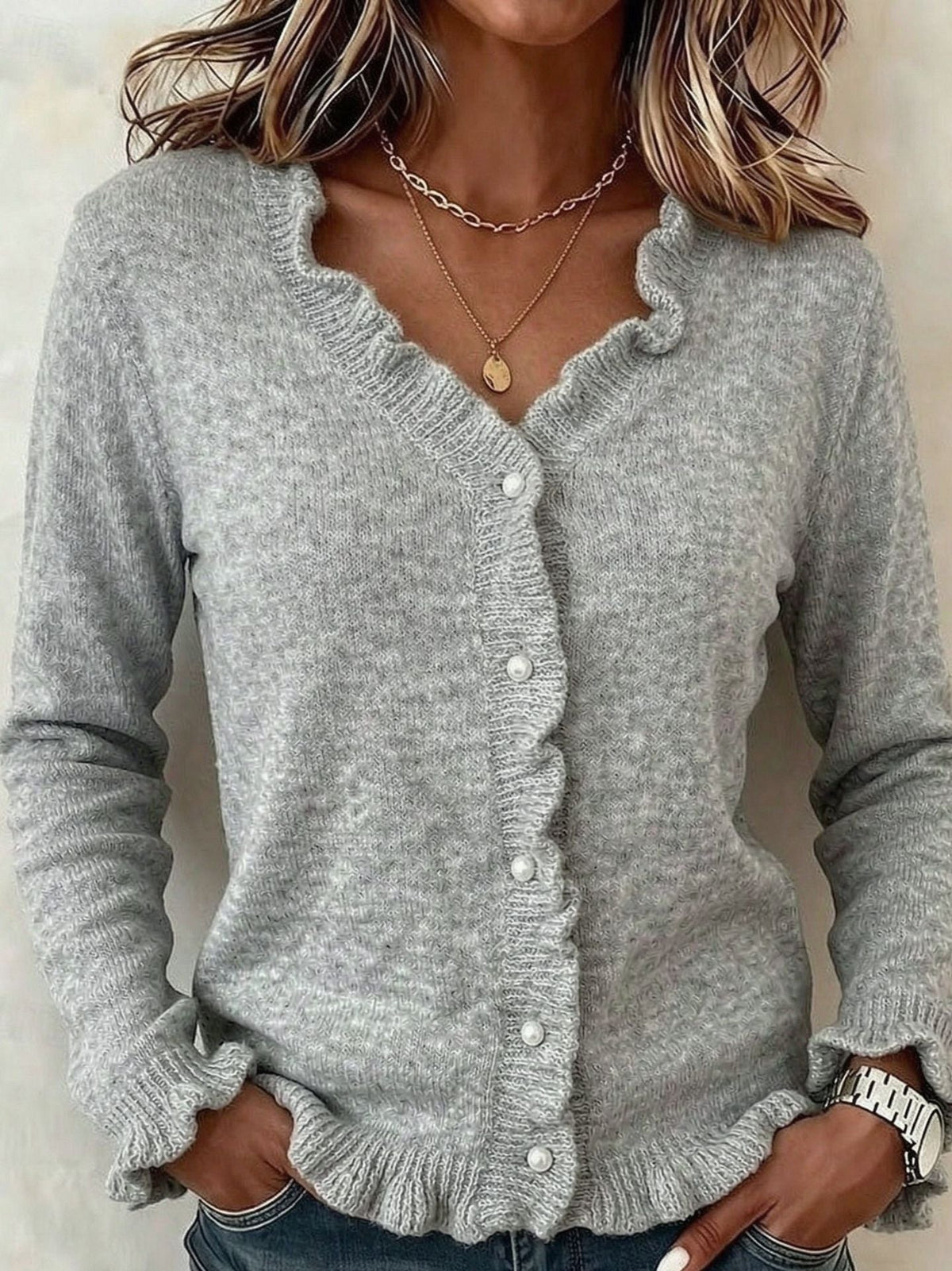 Rosheen | Frill Trim V-Neck Soft Knit Cardigan