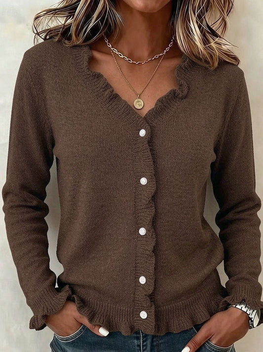 Rosheen | Frill Trim V-Neck Soft Knit Cardigan