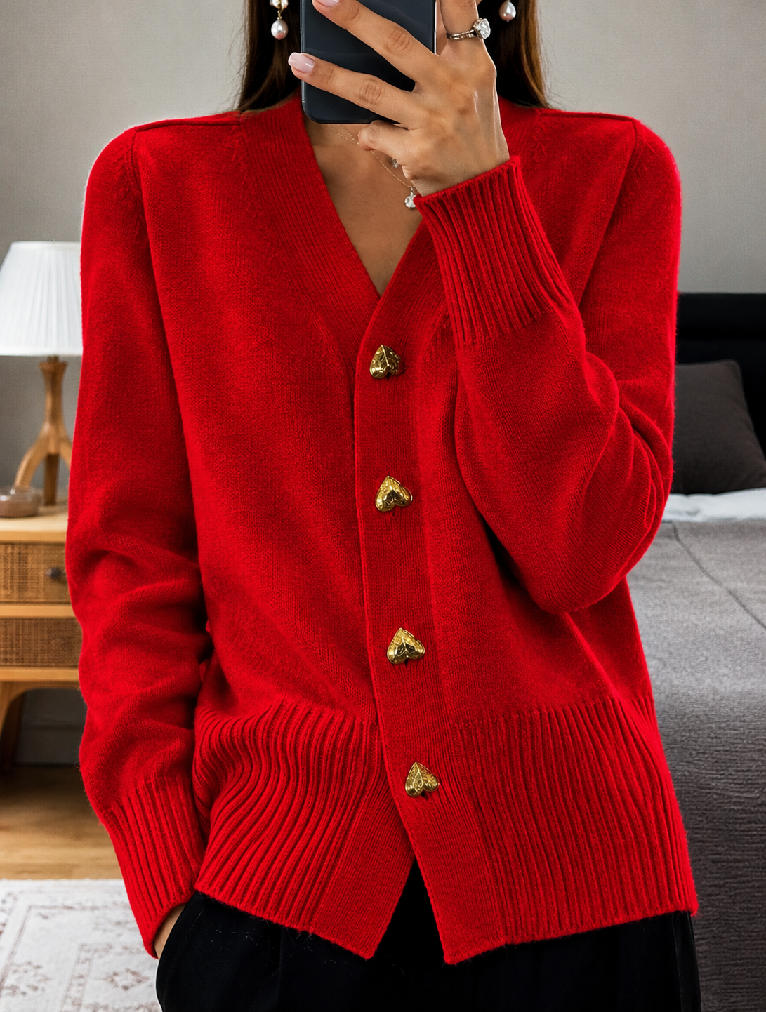 Gaynor | V-Neck Knit Cardigan with Gold Heart Buttons