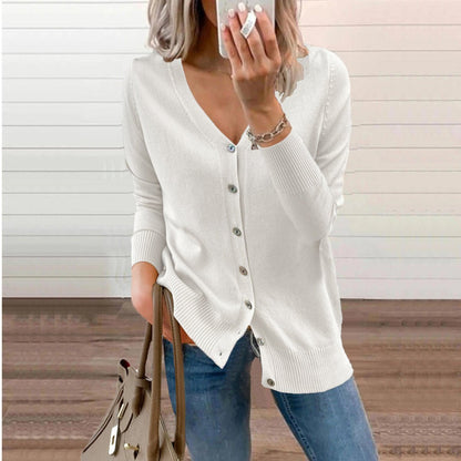 Zelie | Deep V-Neck Fine Knit Cardigan with Ribbed Cuffs