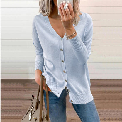 Zelie | Deep V-Neck Fine Knit Cardigan with Ribbed Cuffs