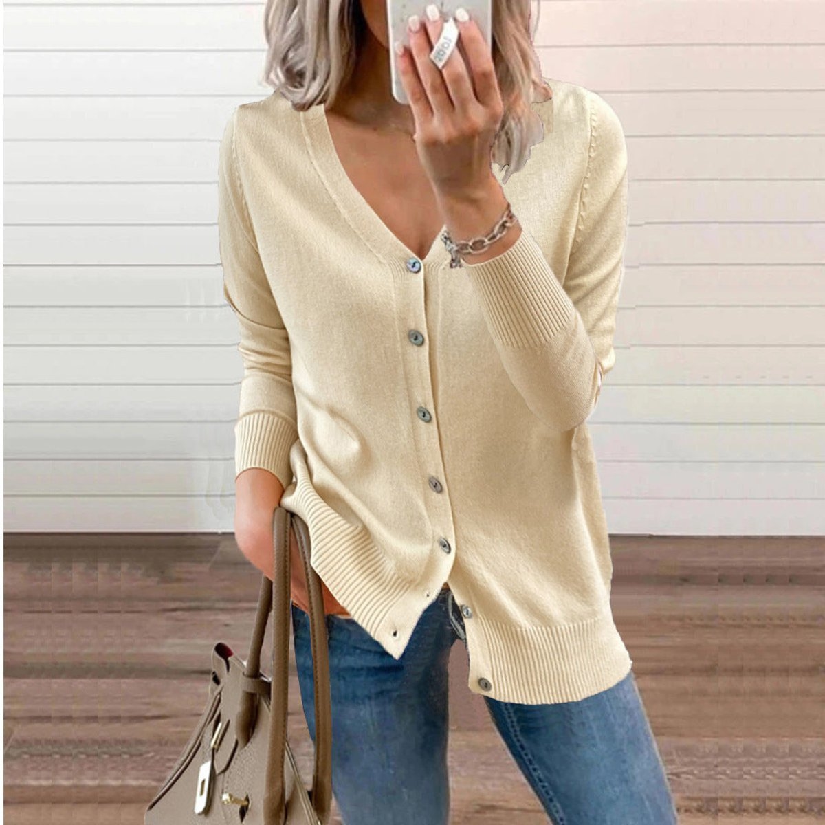 Zelie | Deep V-Neck Fine Knit Cardigan with Ribbed Cuffs