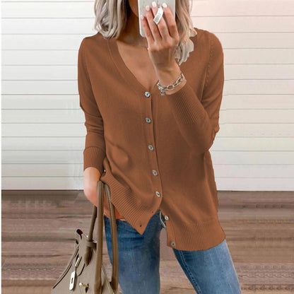 Zelie | Deep V-Neck Fine Knit Cardigan with Ribbed Cuffs