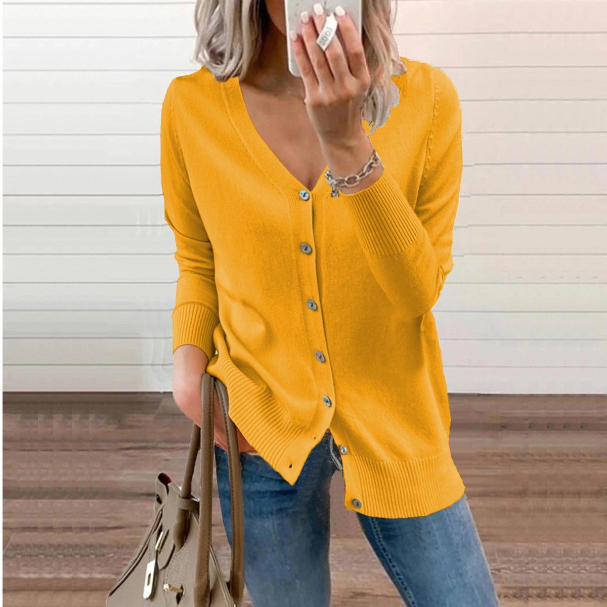 Zelie | Deep V-Neck Fine Knit Cardigan with Ribbed Cuffs