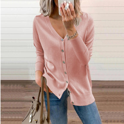 Zelie | Deep V-Neck Fine Knit Cardigan with Ribbed Cuffs