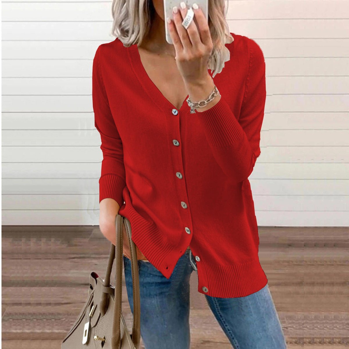 Zelie | Deep V-Neck Fine Knit Cardigan with Ribbed Cuffs