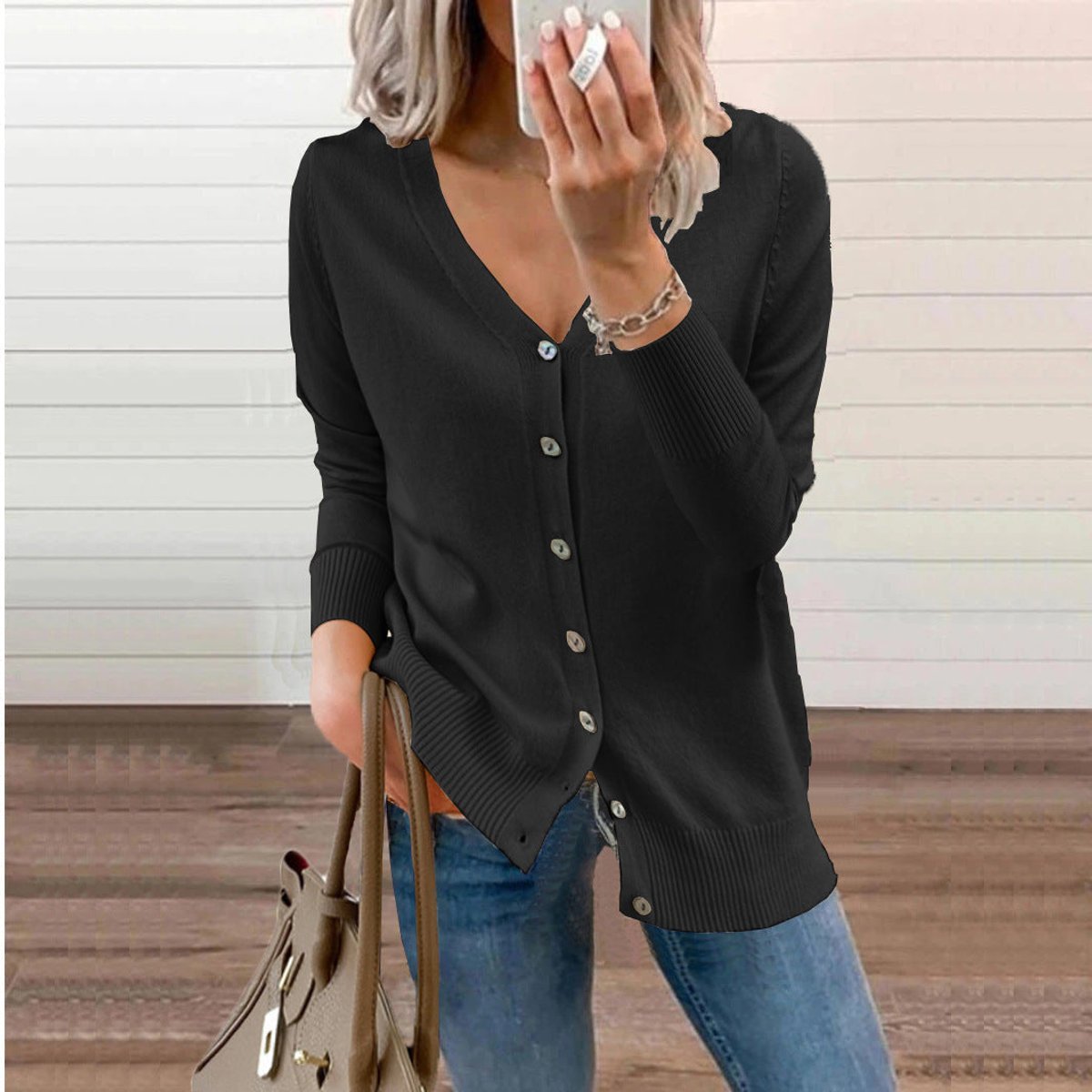 Zelie | Deep V-Neck Fine Knit Cardigan with Ribbed Cuffs