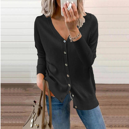 Zelie | Deep V-Neck Fine Knit Cardigan with Ribbed Cuffs