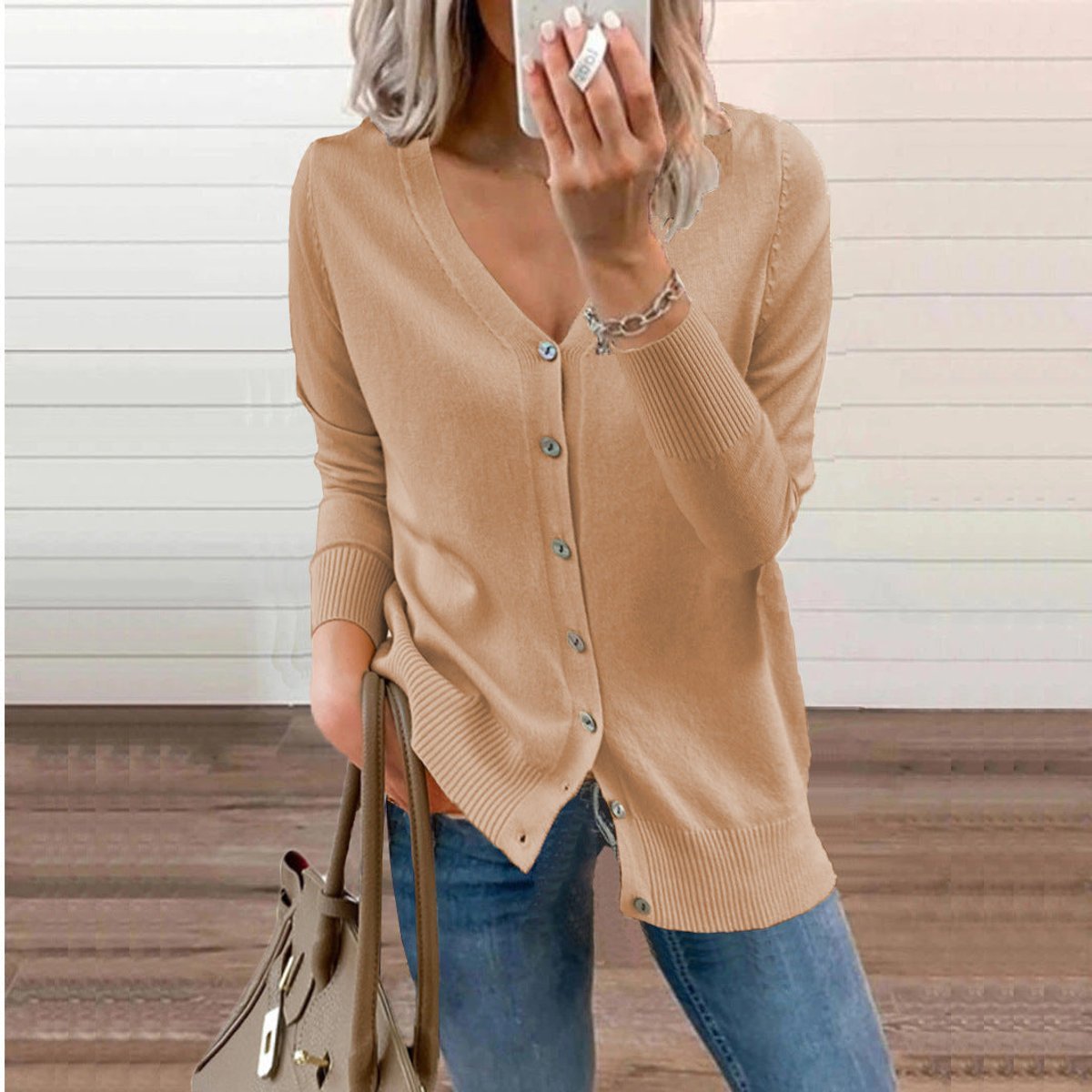 Zelie | Deep V-Neck Fine Knit Cardigan with Ribbed Cuffs