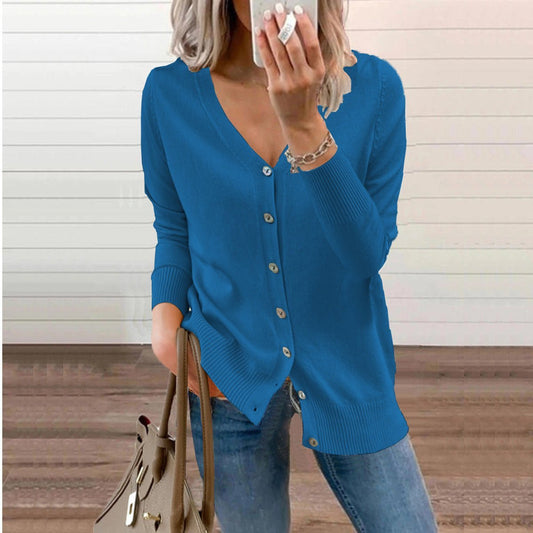 Zelie | Deep V-Neck Fine Knit Cardigan with Ribbed Cuffs