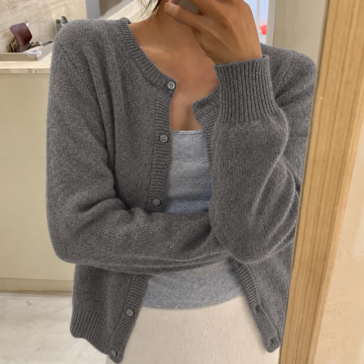 Anneka | Fluffy Knit Button Front Cardigan with Round Neck
