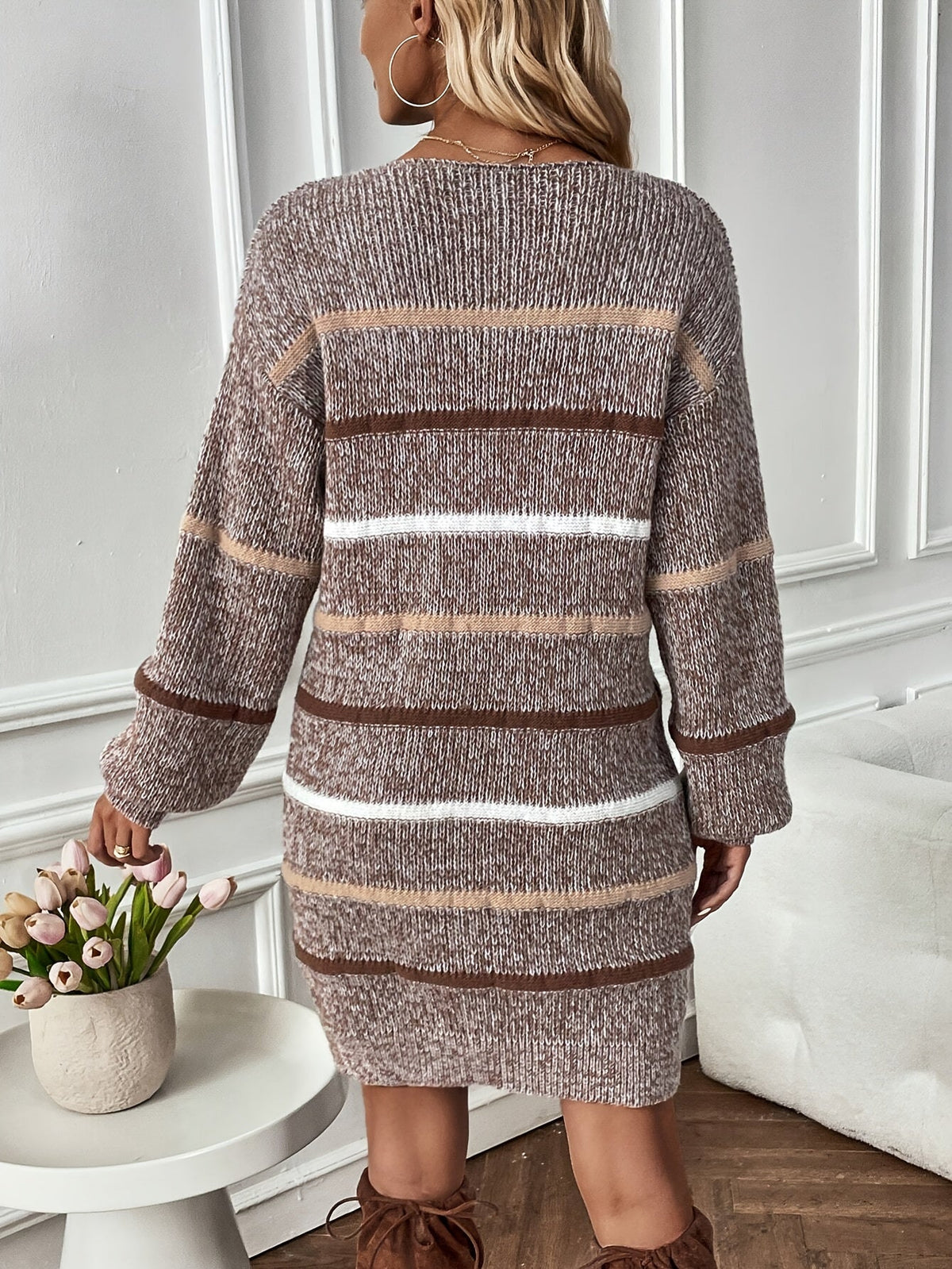 Bettina | Brown Striped Knit Jumper Dress with Long Sleeves