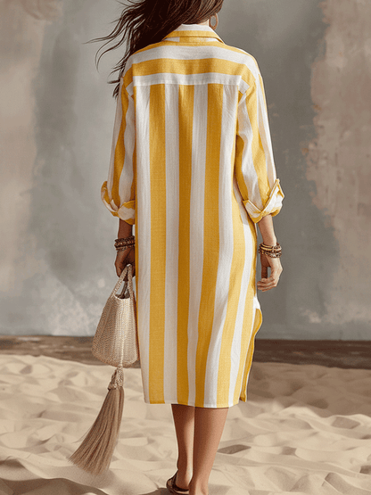 Nerissa | Striped Half-Zip Linen-Style Shirt Dress
