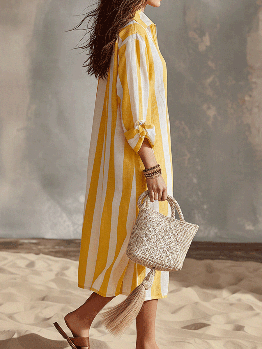 Nerissa | Striped Half-Zip Linen-Style Shirt Dress