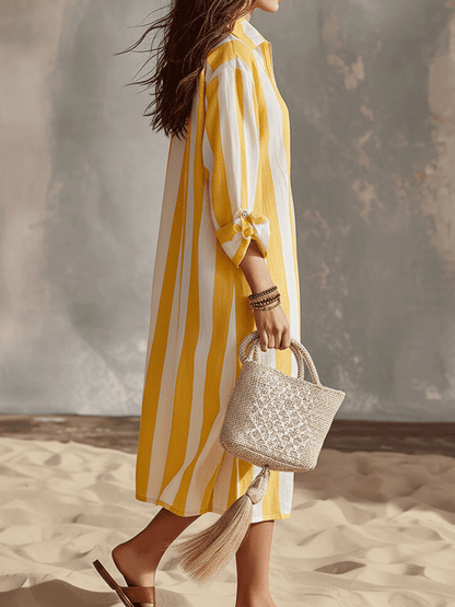 Nerissa | Striped Half-Zip Linen-Style Shirt Dress