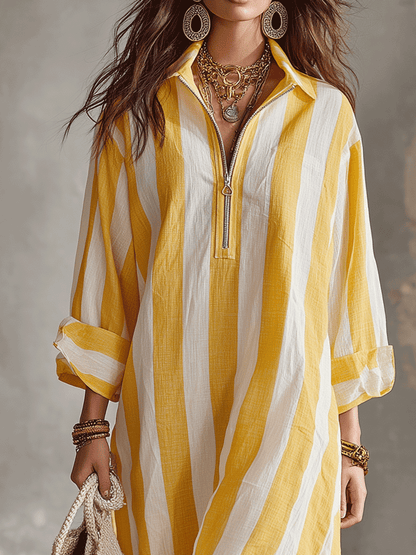 Nerissa | Striped Half-Zip Linen-Style Shirt Dress