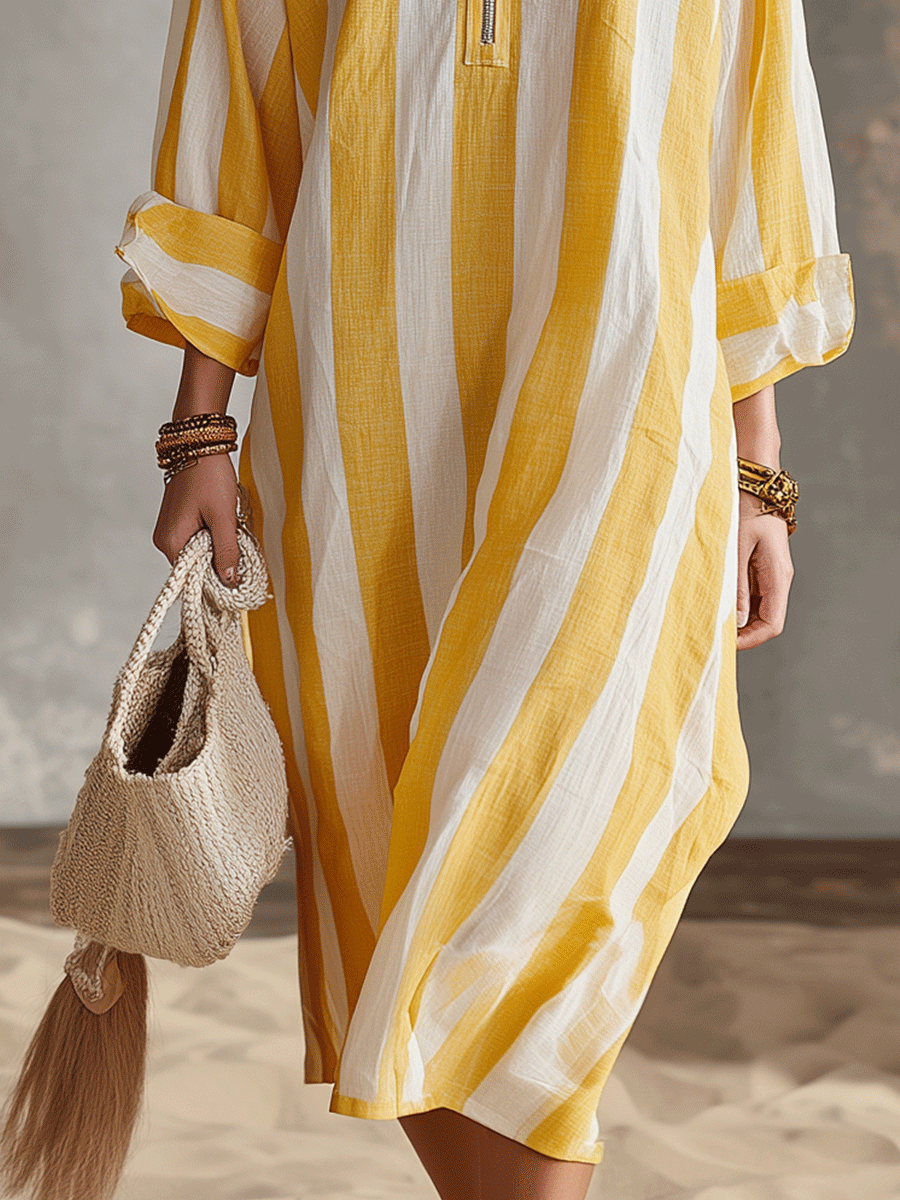 Nerissa | Striped Half-Zip Linen-Style Shirt Dress