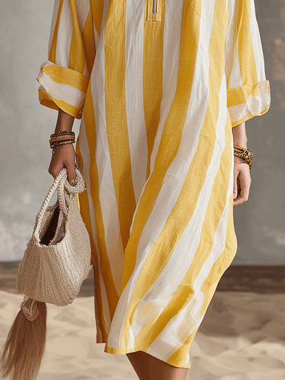 Nerissa | Striped Half-Zip Linen-Style Shirt Dress