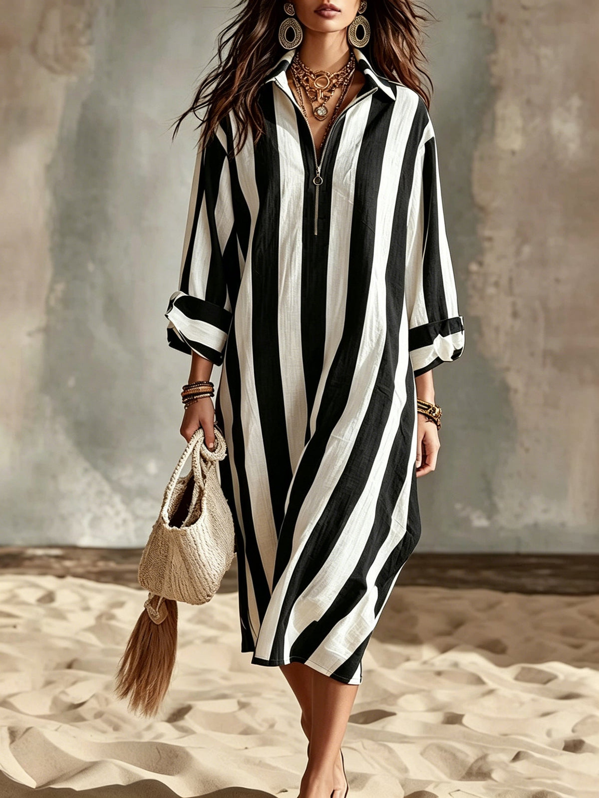 Nerissa | Striped Half-Zip Linen-Style Shirt Dress