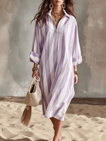 Nerissa | Striped Half-Zip Linen-Style Shirt Dress