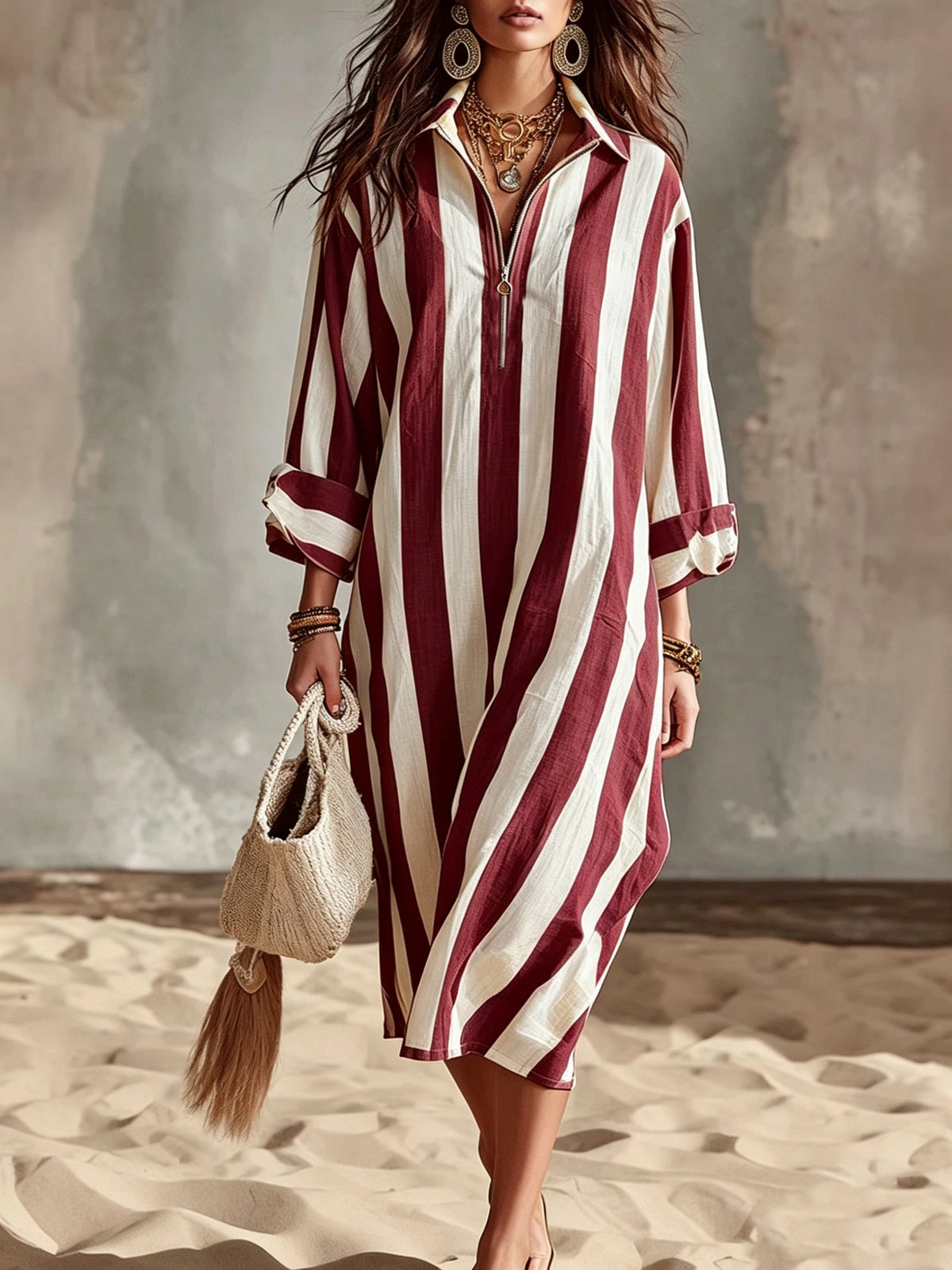 Nerissa | Striped Half-Zip Linen-Style Shirt Dress