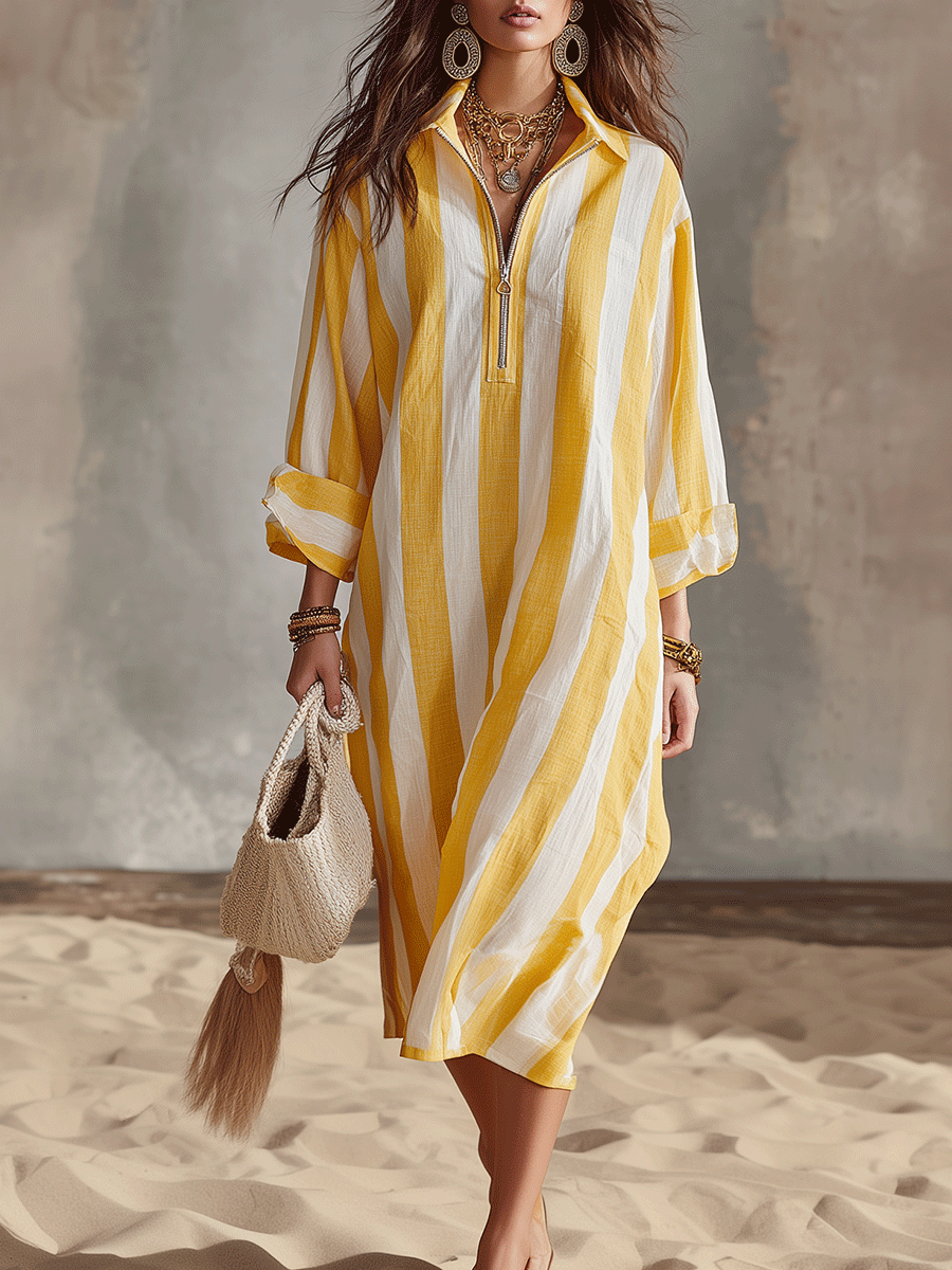 Nerissa | Striped Half-Zip Linen-Style Shirt Dress