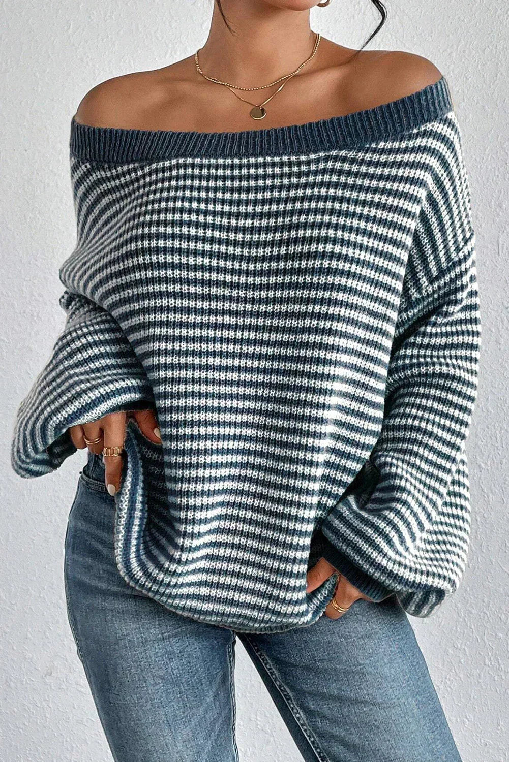 Oona | Striped Off the Shoulder Waffle Knit Jumper