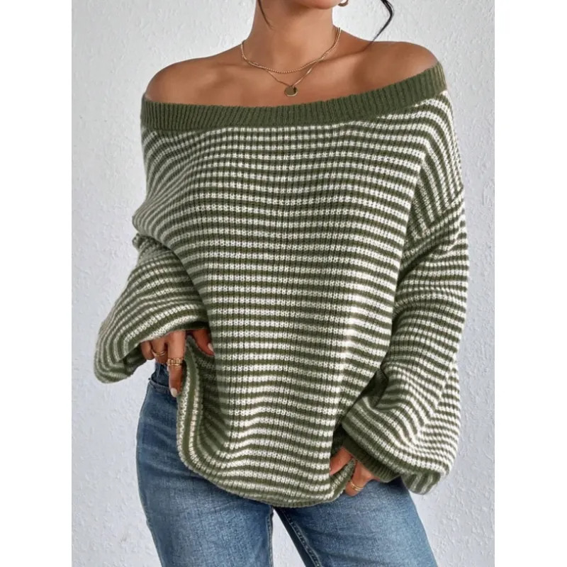 Oona | Striped Off the Shoulder Waffle Knit Jumper
