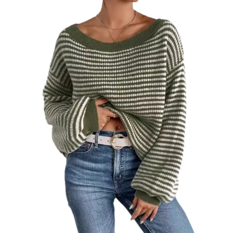 Oona | Striped Off the Shoulder Waffle Knit Jumper