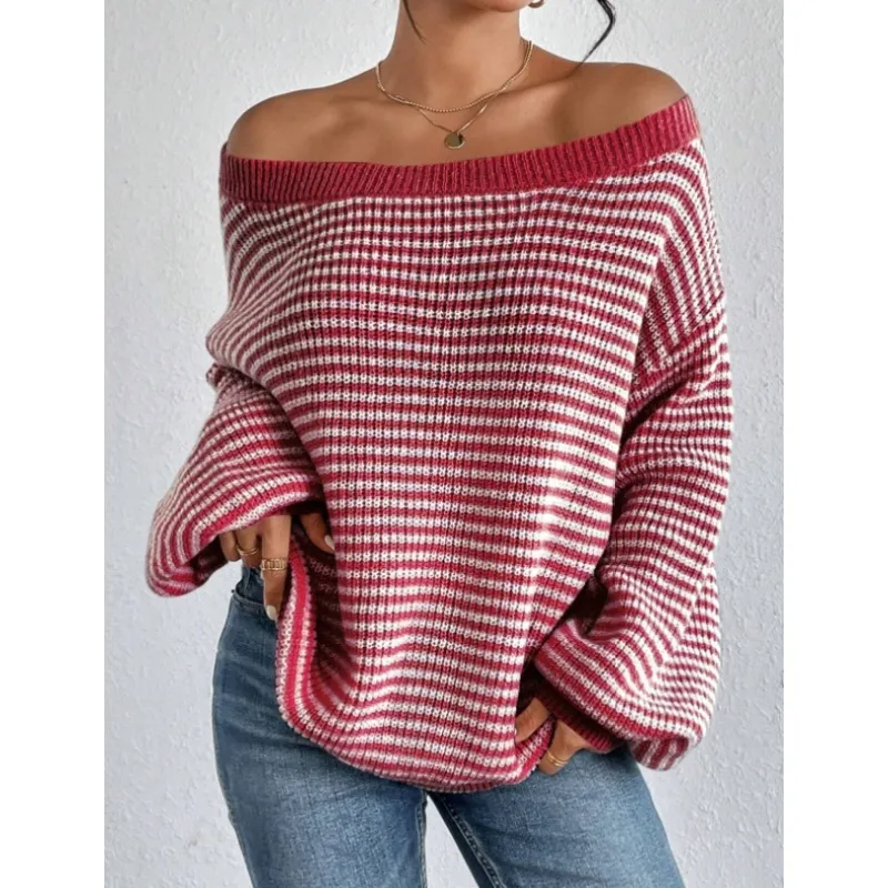 Oona | Striped Off the Shoulder Waffle Knit Jumper