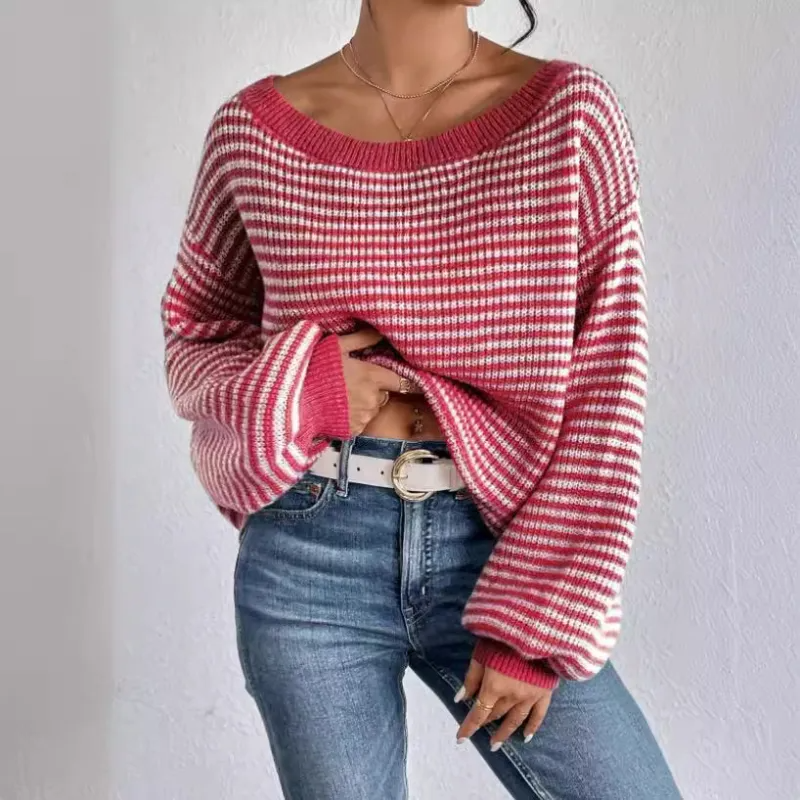 Oona | Striped Off the Shoulder Waffle Knit Jumper