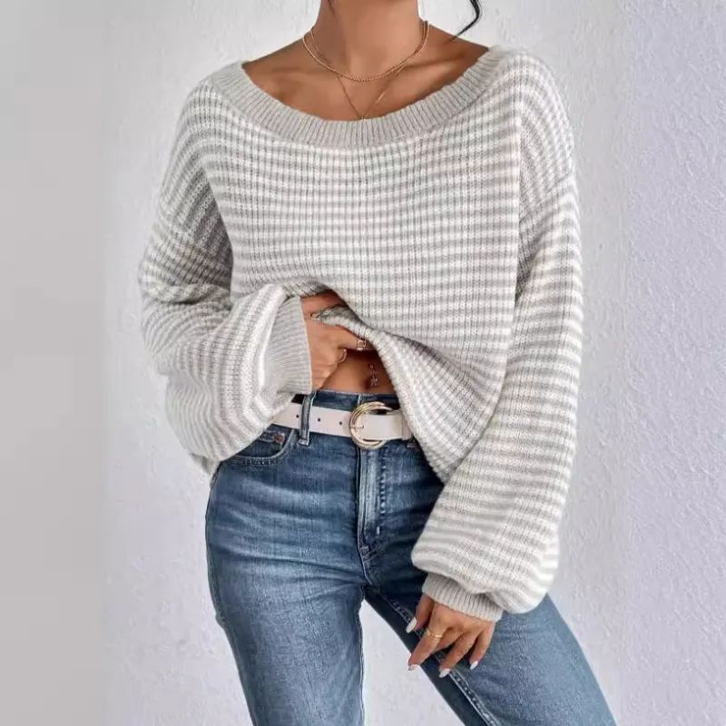 Oona | Striped Off the Shoulder Waffle Knit Jumper